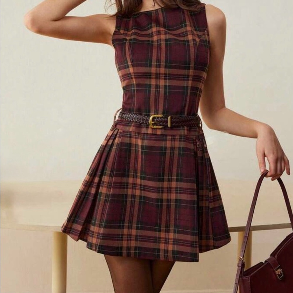 Elegant Plaid Mini Dress - Black and Brown